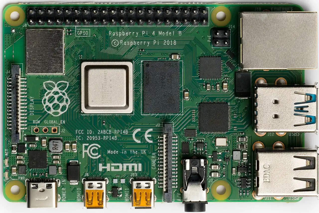 Top view of a Raspberry Pi 4 Model B board showing the USB, Ethernet and GPIO pins