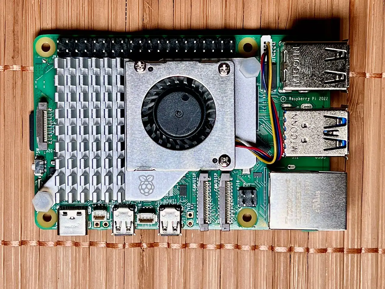 Raspberry Pi 5 board with the official active cooler fitted