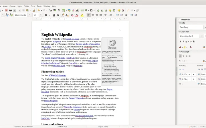Collabora Office Writer open on a desktop with a document