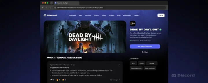 A Discord Server Web Page for Dead by Daylight showing a What People Are Saying section