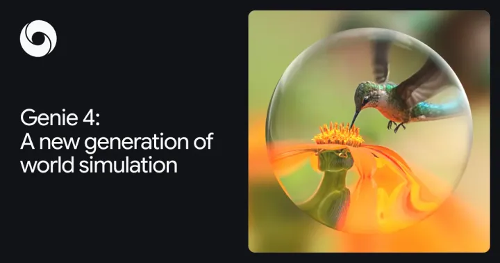 Genie 4 announcement graphic showing a hummingbird at a flower inside a glass sphere