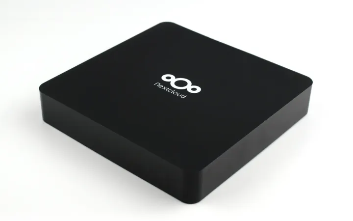 Black Nextcloud Box home server with the Nextcloud logo